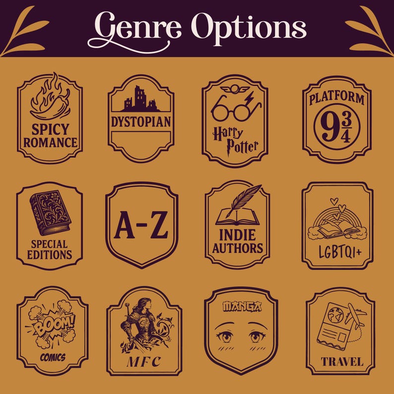 May include: A selection of brown and dark purple genre options, each within a decorative frame. The text "Genre Options" is at the top. The options include "Spicy Romance", "Dystopian", "Harry Potter", "Platform 9 3/4", "Special Editions", "A-Z", "Indie Authors", "LGBTQI+", "Comics", "MFC", "Manga", and "Travel".