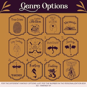K&ouml;nnte beinhalten: Eine Sammlung brauner und cremefarbener Genre-Optionen mit Text und Illustrationen. Genres sind True Crime, Gothic Fiction, Health and Wellbeing, Memoir, Cozy Fantasy, Hockey Romance und Fantasy. Der Text "Genre Options" steht oben.