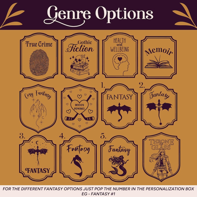 K&ouml;nnte beinhalten: Eine Sammlung brauner und cremefarbener Genre-Optionen mit Text und Illustrationen. Genres sind True Crime, Gothic Fiction, Health and Wellbeing, Memoir, Cozy Fantasy, Hockey Romance und Fantasy. Der Text "Genre Options" steht oben.