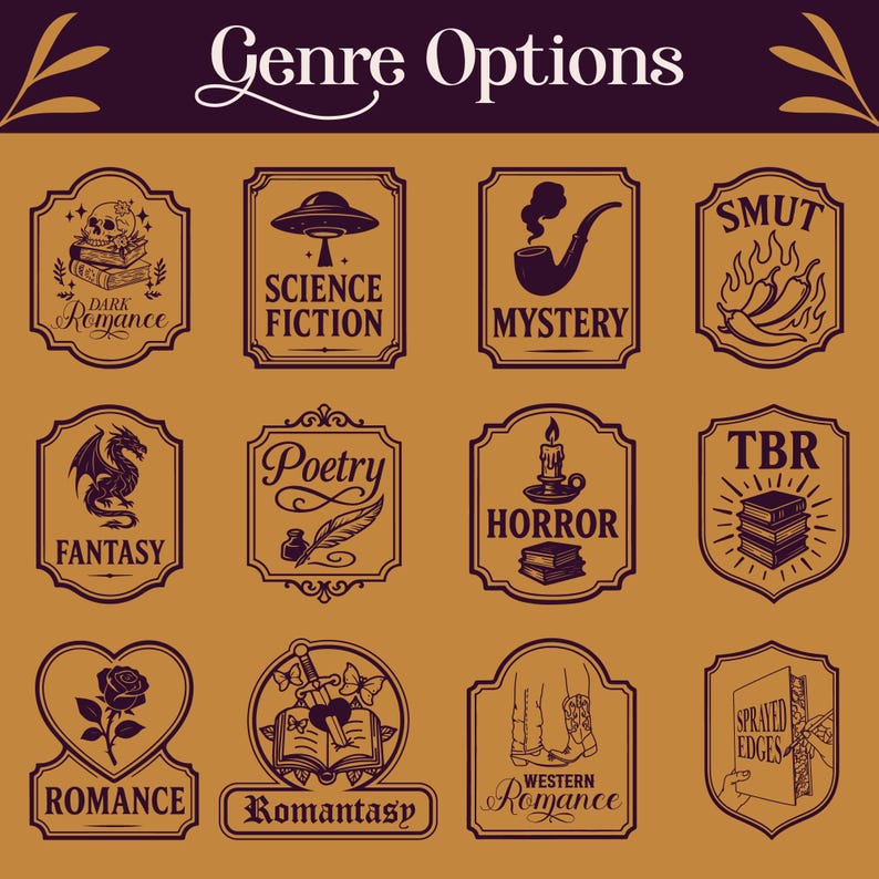 May include: A selection of illustrated genre options in a vintage style. The image features labels for Dark Romance, Science Fiction, Mystery, Smut, Fantasy, Poetry, Horror, TBR, Romance, Romantasy, Western Romance, and Sprayed Edges.