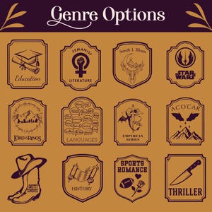 K&ouml;nnte beinhalten: Ein dekoratives Poster mit dem Text "Genre Options". Es zeigt Illustrationen verschiedener Genres in verzierten Rahmen, darunter "Education", "Literature", "Star Wars" und "Thriller", jeweils mit passenden Bildern.