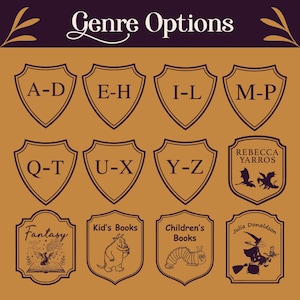 K&ouml;nnte beinhalten: Dekorative Grafik mit dem Text "Genre Options" oben. Das Bild zeigt schildf&ouml;rmige Designs mit Buchstaben und Illustrationen f&uuml;r "Fantasy", "Kid's Books" und "Children's Books". Die Autoren "Rebecca Yarros" und "Julia Donaldson" sind ebenfalls abgebildet.