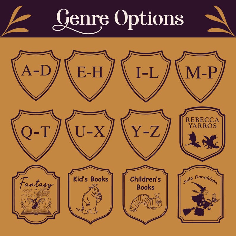 K&ouml;nnte beinhalten: Dekorative Grafik mit dem Text "Genre Options" oben. Das Bild zeigt schildf&ouml;rmige Designs mit Buchstaben und Illustrationen f&uuml;r "Fantasy", "Kid's Books" und "Children's Books". Die Autoren "Rebecca Yarros" und "Julia Donaldson" sind ebenfalls abgebildet.