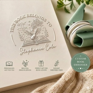 Custom Sage Green Book Embosser, Fantasy Design, Bookish Gift, Personalized Book Stamp, Personalized Ex Libris Library Stamp