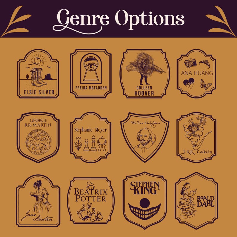 May include: A collection of brown and white book genre options, each with a unique illustration and author's name. The top text reads "Genre Options". Authors include Elsie Silver, Freida McFadden, Colleen Hoover, Ana Huang, George R.R. Martin, Stephanie Meyer, William Shakespeare, J.R.R. Tolkien, Jane Austen, Beatrix Potter, Stephen King, and Roald Dahl.