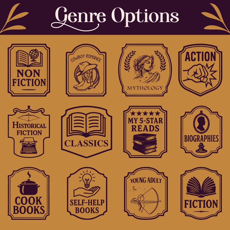 K&ouml;nnte beinhalten: Grafik mit Optionen f&uuml;r Buchgenres. Das Bild enth&auml;lt Etiketten f&uuml;r Sachb&uuml;cher, Cowboy-Romane, Mythologie, Action, Historische Fiktion, Klassiker, Meine 5-Sterne-Lekt&uuml;ren, Biografien, Kochb&uuml;cher, Selbsthilfe-B&uuml;cher, Young Adult und Belletristik.
