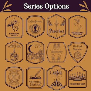 May include: Twelve brown and dark purple book series options are displayed on shield-shaped emblems. Titles include "Empyrean Series", "Bridgerton", "Powerless", "Chestnut Springs", "The Witcher", "Crescent City", "Heartstopper", "His Dark Materials", "Zodiac Academy", "Vampire Diaries", "Caraval", and "The Inheritance Games".