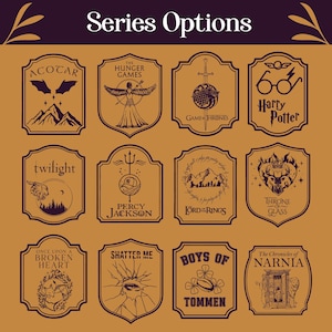May include: A collection of brown and dark brown framed book series logos, including "ACOTAR," "The Hunger Games," "Game of Thrones," and "Harry Potter." The text "Series Options" is at the top. Each logo features unique illustrations.