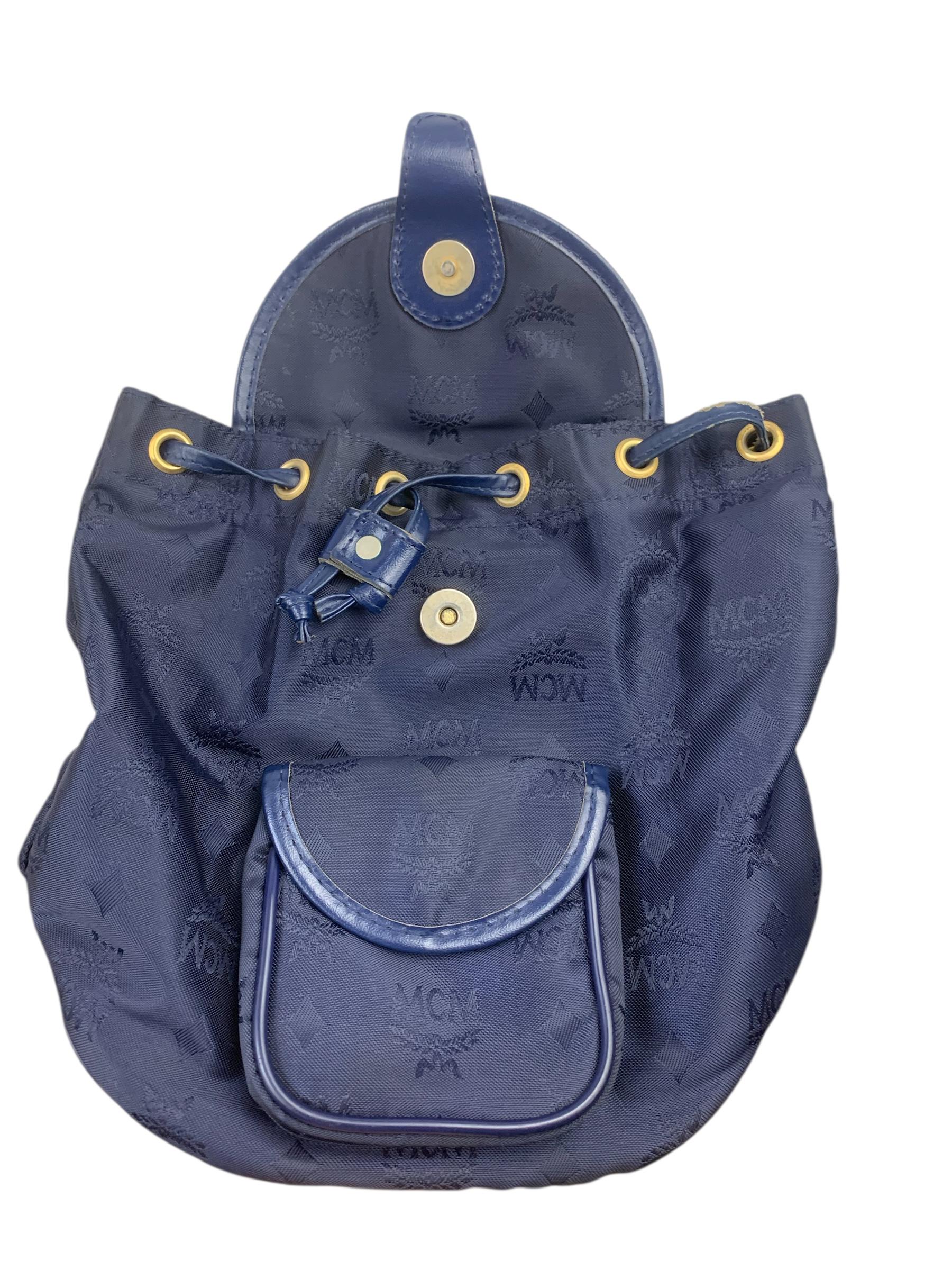 Vintage MCM Mini Backpack, Dark Blue Nylon Drawstring Bag 