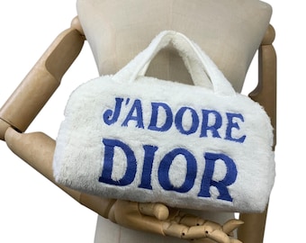 Vintage Jadore Dior embroidered Blue & White Terry Towel Boston Bag