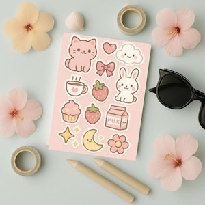 Linda hoja de pegatinas kawaii rosas: pegatinas estéticas dibujadas a mano para diarios, scrapbooking y regalos.