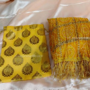 Różne czystego jedwabiu Bandhani Dupatta z torbą Potli Combo – szalik Chinon, indyjskie wesele, Haldi Mehndi Favor, Eid Diwali, prezent Karwa Chauth