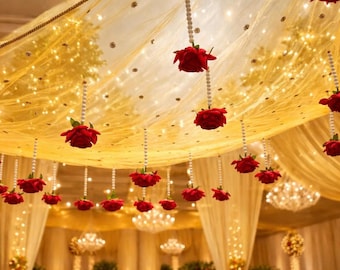 Indian Wedding Bridal Chadar | Yellow Net Phoolon Ki Chadar with Red Roses & Pearls | Punjabi Canopy, Custom Color Entry Chadar