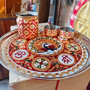 Stainless Steel Meenakari Pooja Thali Set–Peacock Design Aarti Plate for Diwali, Wedding, Karvachauth, Temple,Traditional Indian Pooja Thali
