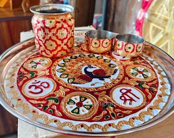 Stainless Steel Meenakari Pooja Thali Set–Peacock Design Aarti Plate for Diwali, Wedding, Karvachauth, Temple,Traditional Indian Pooja Thali
