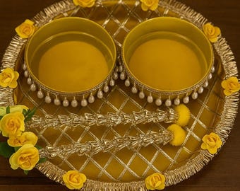 Haldi Tray Decor for Wedding, Mehndi |Indian Pakistani Maiyan Accessories| Pithi Plate, Yellow Decorative Bowls & Thali for Haldi Ceremony