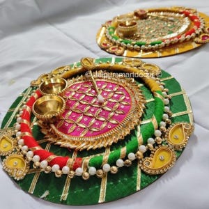 Multicolor Kumkum Haldi Thali Ganpati, Gopal Pooja Plate with Roli Chawal Holders & Stick, Tilak Plate for Wedding, Housewarming, Festivals