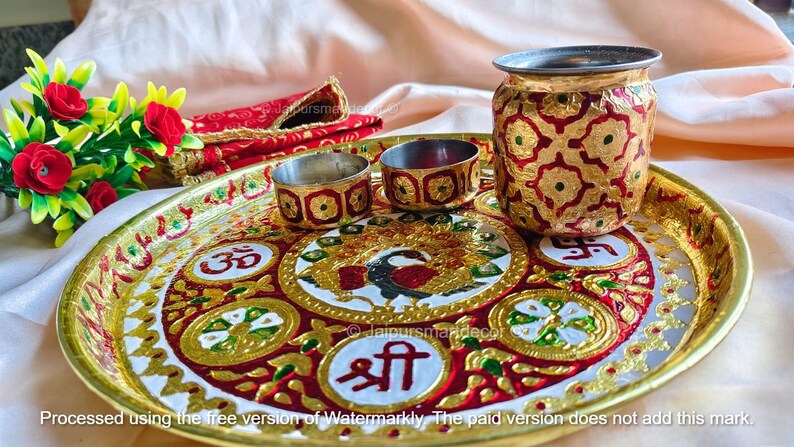Traditional Meenakari Pooja Thali Set | Stainless Steel Aarti Plate ...