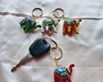 Handcrafted Wooden Elephant Keychain|Rajasthani Painted Key Ring,Indian Folk Art Miniature,Lucky Boho Charm|Diwali Return Gift,Wedding Favor