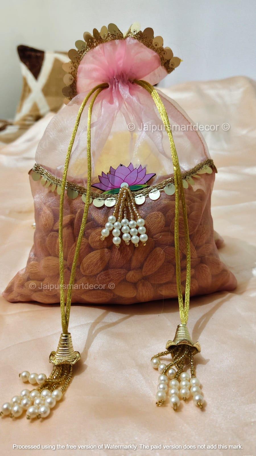 Gota Embellished Organza Potli Bags Lotus Brooch Indian Wedding Favor, Bulk Return Gift for Housewarming, Thamboolam, Varalakshmi Pooja