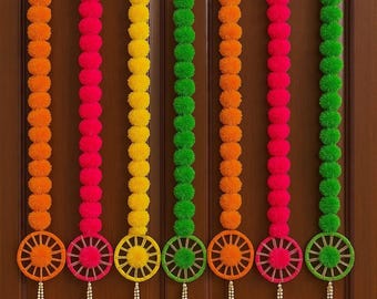 人工マリーゴールドガーランド10個パック | ディワリ、マンディル、ハルディ、メヘンディ、ナブラトリ、ウェディングデコレーションに最適な、カラフルでふわふわのチャクリストリング