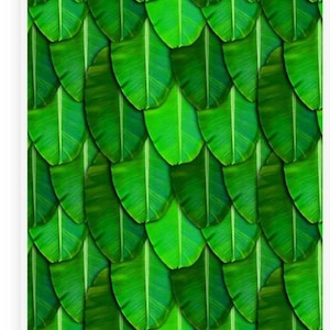 May include: A close-up of a repeating pattern of green banana leaves. The leaves are arranged in an overlapping design, creating a textured surface. The varying shades of green give depth to the pattern, suitable for a nature-inspired design.