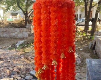 Marigold Ceiling Jhoomar Chandelier Hanging with Bells | Genda Phool Toran Decor for Wedding, Haldi, Temple, New Year & Housewarming Gift