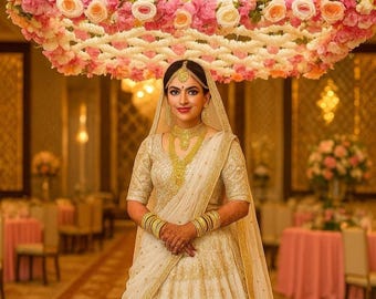 Flower Bridal Chadar, Full Heavy Border Bride Entry Dupatta, Traditional Indian Pakistani Punjabi Wedding Canopy, Nikah/Haldi/Mehndi Decor