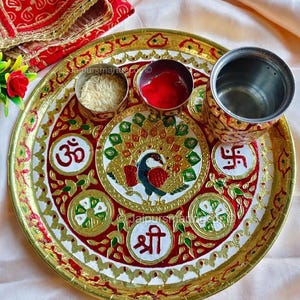 Traditional Meenakari Pooja Thali Set | Stainless Steel Aarti Plate with 2 Roli Bowls & Kalash | Indian Festival Puja Thal for Home,  Mandir