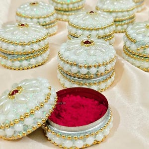 Handcrafted Haldi Kumkum Holder, Pearl (Moti) Kumkum Box Sindoor Dani|Karwa Chauth Favor,Indian Wedding Return Gift, Pooja &Festive Giveaway