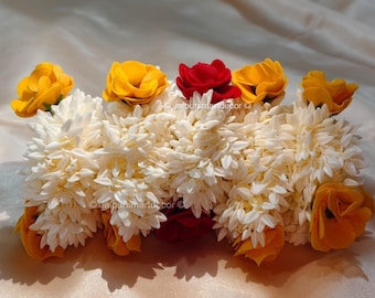 Artificial Jasmine Flower Scrunchie Gajra– Indian Hair Accessories, Onam &South Indian Wedding Floral Bun/Hand Elastic,Scented Mogra Jewelry