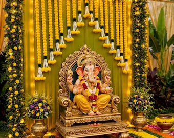Ganesha Chaturthi Decoratie Toran | Indian Festival Bandarwar, Diwali Ganpati Pooja achtergrond Toran | Goudsbloem muurdecoratie voor tempel thuis