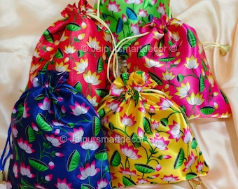 Saco multicolorido Lotus Pichwai Potli de <br> Entrega Rápida? Favor de casamento indiano, Haldi Mehendi Sangeet, presente de devolução de Shagun, chá de bebê, Pooja e sacola de presente para festival