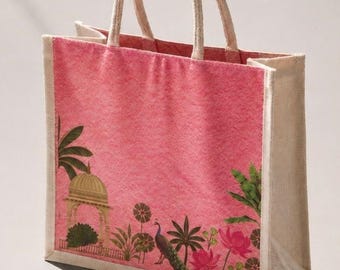 Rosa Jutetasche Hochzeit | Maharani Garten Pfau Print Tasche | Indische Hochzeit Willkommenstasche | Brautjungfer Geschenk Korb Tasche