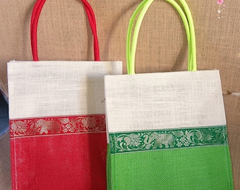 Kolam Print Jute Gift Bags | Multicolor Eco-Friendly Favor Bags | Indian Wedding Return Gifts & Party Giveaways