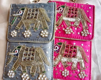 Assorted Embroidered Mobile Pouch | Gota Zari Phone Cover | Ethnic Silk Mobile Sleeve with Waist Clip |Wedding Return Festive Gift for Women