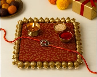 Gota Patti Pooja Thali with Bead Jhumki | Square Rakhi Platter | Ganpati Pooja Aasan Mat | Wedding & Housewarming Decoration Tray (8 Inch)