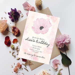 Plantilla de invitación floral editable para cumpleaños (A6, Canva) - Descarga digital en acuarela rosa - Invitación imprimible para fiesta