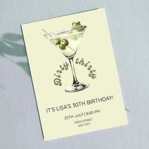 Invito per il trentesimo compleanno "Dirty Thirty", invito per la festa del trentesimo compleanno, modello Canva modificabile, tema cocktail Martini, invito con rana divertente, formato digitale A6