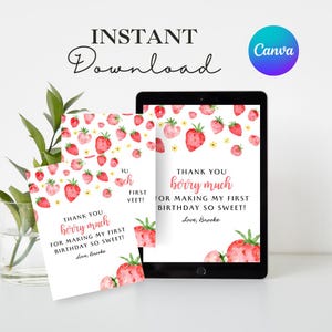 Tarjeta de agradecimiento con temática de bayas / Fiesta de primer cumpleaños de niña con temática de bayas / Plantilla editable de Canva / Cumpleaños de niña imprimible / Descarga instantánea