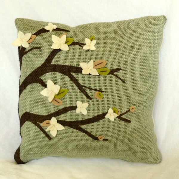 Burlap Pillow Sage Green with Tree Painting and Felt Flowers