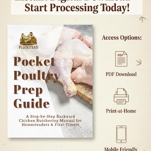 May include: A digital download titled "Pocket Poultry Prep Guide" with the text "Instant Digital Download - Start Processing Today!". The image shows raw chicken legs and thighs. Access options include PDF download, print-at-home, and mobile friendly.