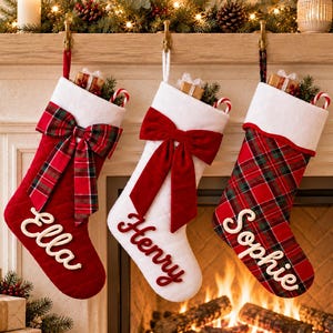 Personalized Christmas Stocking with Name, Yarn Lettering, Quilted and Plaid, Bow Details, Family Christmas Gift, Fireplace Mantel Decor