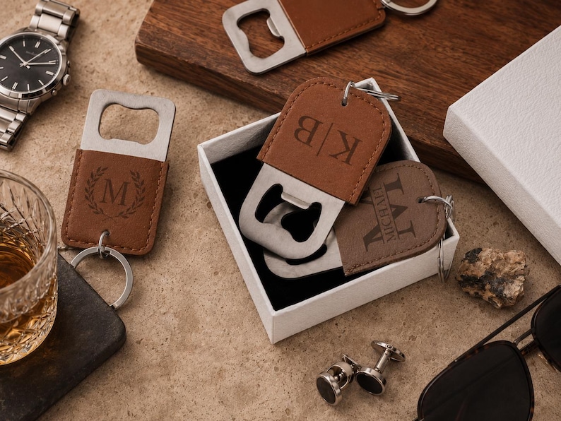 May include: Three brown leather bottle opener keychains with metal hardware. One features a letter M in a laurel wreath, one has the initials KB, and one is engraved with the name Michael. They are presented in a white box with a black interior.