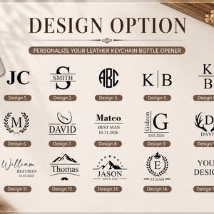 May include: A leather keychain bottle opener displayed with a design option chart featuring fifteen black graphic templates. The chart includes various monograms, names, dates, and symbols like mountains, antlers, and wreaths for personalization.