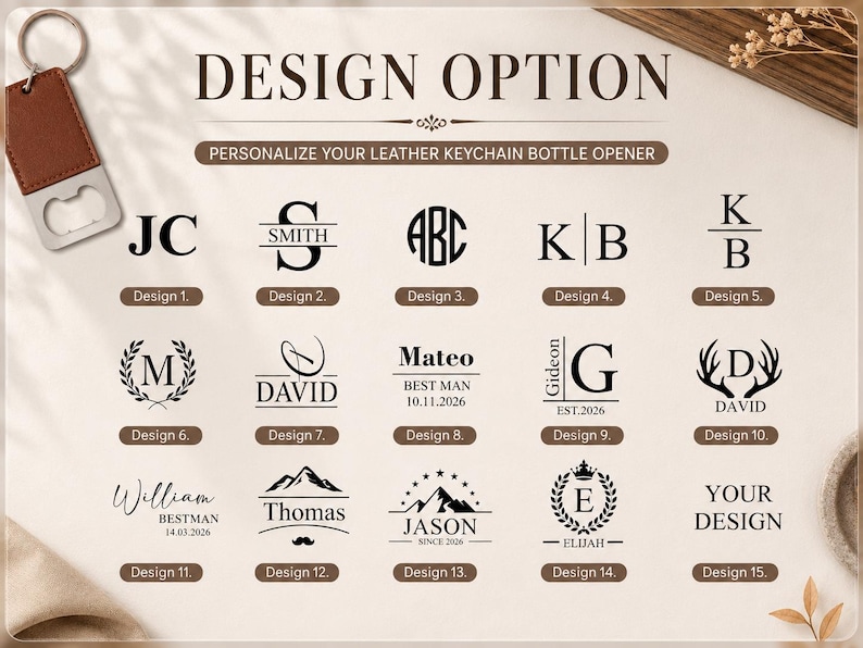 May include: A leather keychain bottle opener displayed with a design option chart featuring fifteen black graphic templates. The chart includes various monograms, names, dates, and symbols like mountains, antlers, and wreaths for personalization.