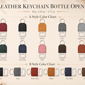 May include: A leather keychain bottle opener color chart displaying A Style and B Style options. The text reads LEATHER KEYCHAIN BOTTLE OPENER and Size: 3.19 in x 1.77 in. The A Style features vertical openers in burgundy, black, yellow, gray, light gray, dark green, navy blue, pink, coffee, and brown. The B Style features horizontal openers in black, gray, brown red, yellow, navy blue, and coffee.