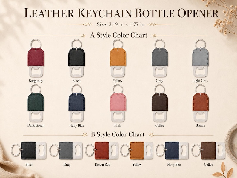 May include: A leather keychain bottle opener color chart displaying A Style and B Style options. The text reads LEATHER KEYCHAIN BOTTLE OPENER and Size: 3.19 in x 1.77 in. The A Style features vertical openers in burgundy, black, yellow, gray, light gray, dark green, navy blue, pink, coffee, and brown. The B Style features horizontal openers in black, gray, brown red, yellow, navy blue, and coffee.
