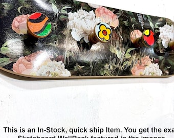 Recycled Skateboard Coat Rack: Wall Mounted with Peg Hooks. Floral and Graffiti Graphic Art