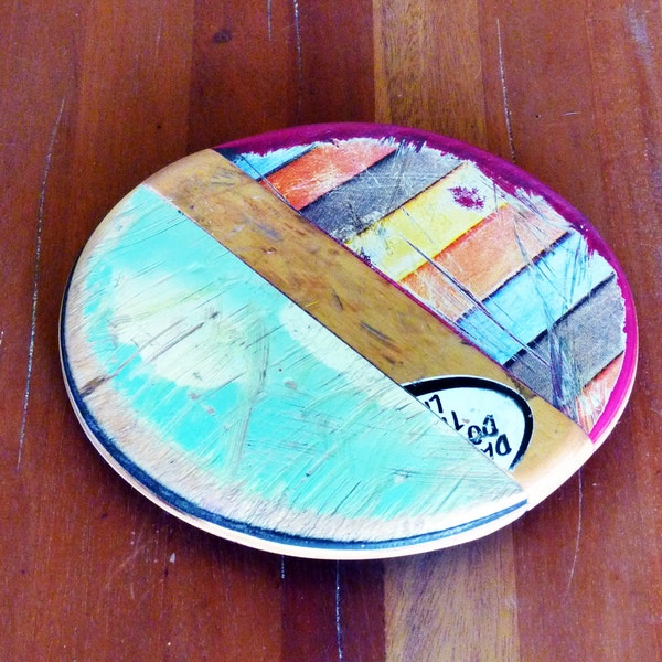 SkateSpot Trivets - Made by Deckstool. Large Recycled Skateboard wood 7" Diameter coaster, hotplate, charger. Colorful, skateboarder